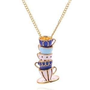 Adorable Hand Painted Enamel Teacups Stacked Necklace